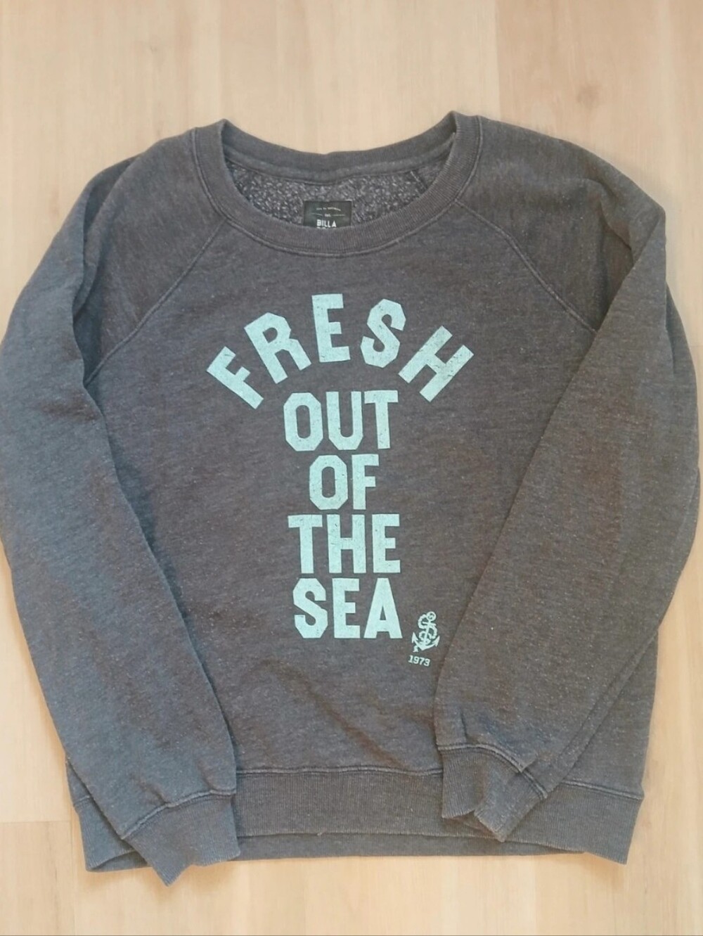 Billabong Charcoal Crewneck Sweatshirt with Aqua Text